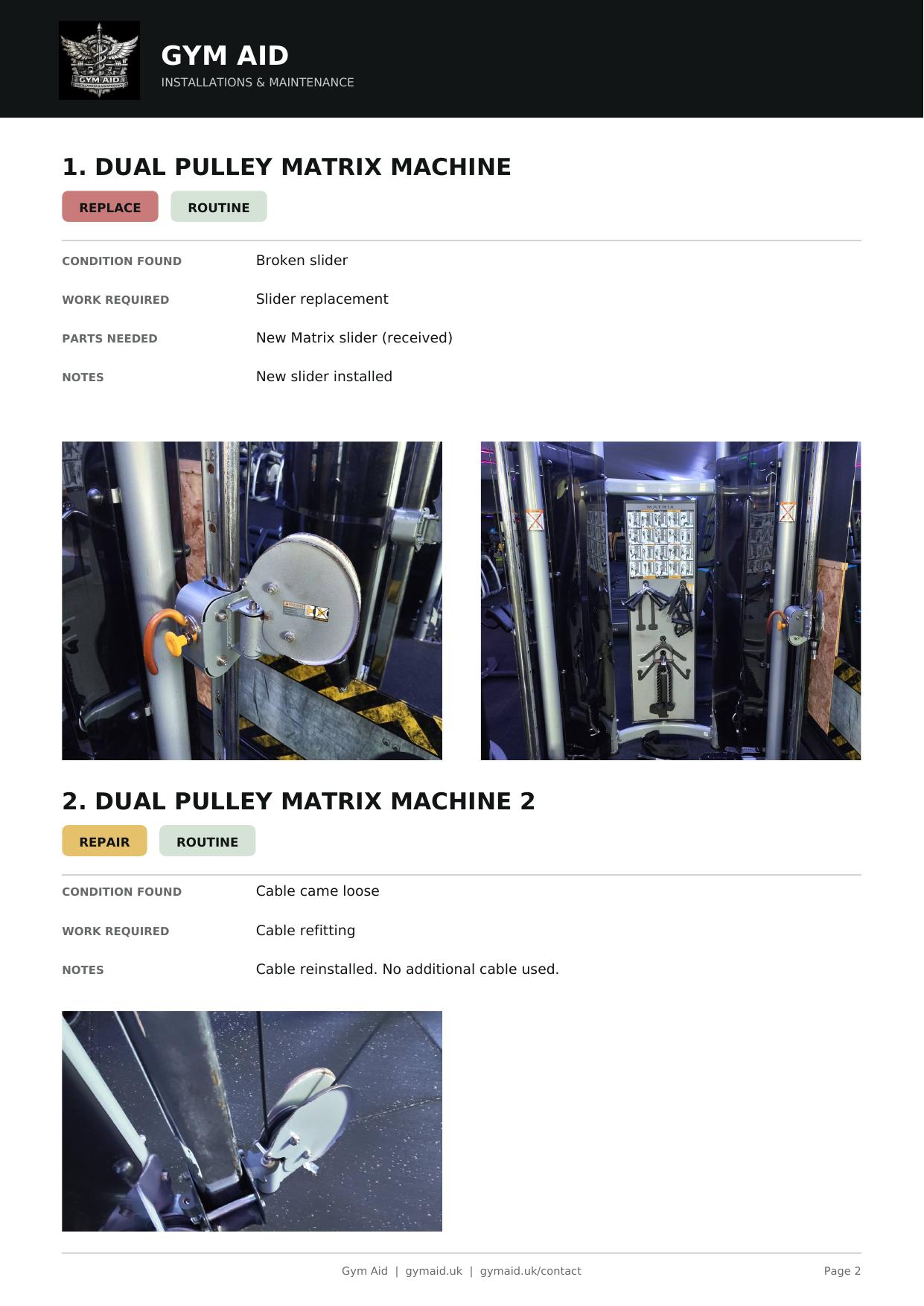 Anonymised Gym Aid maintenance report page 2